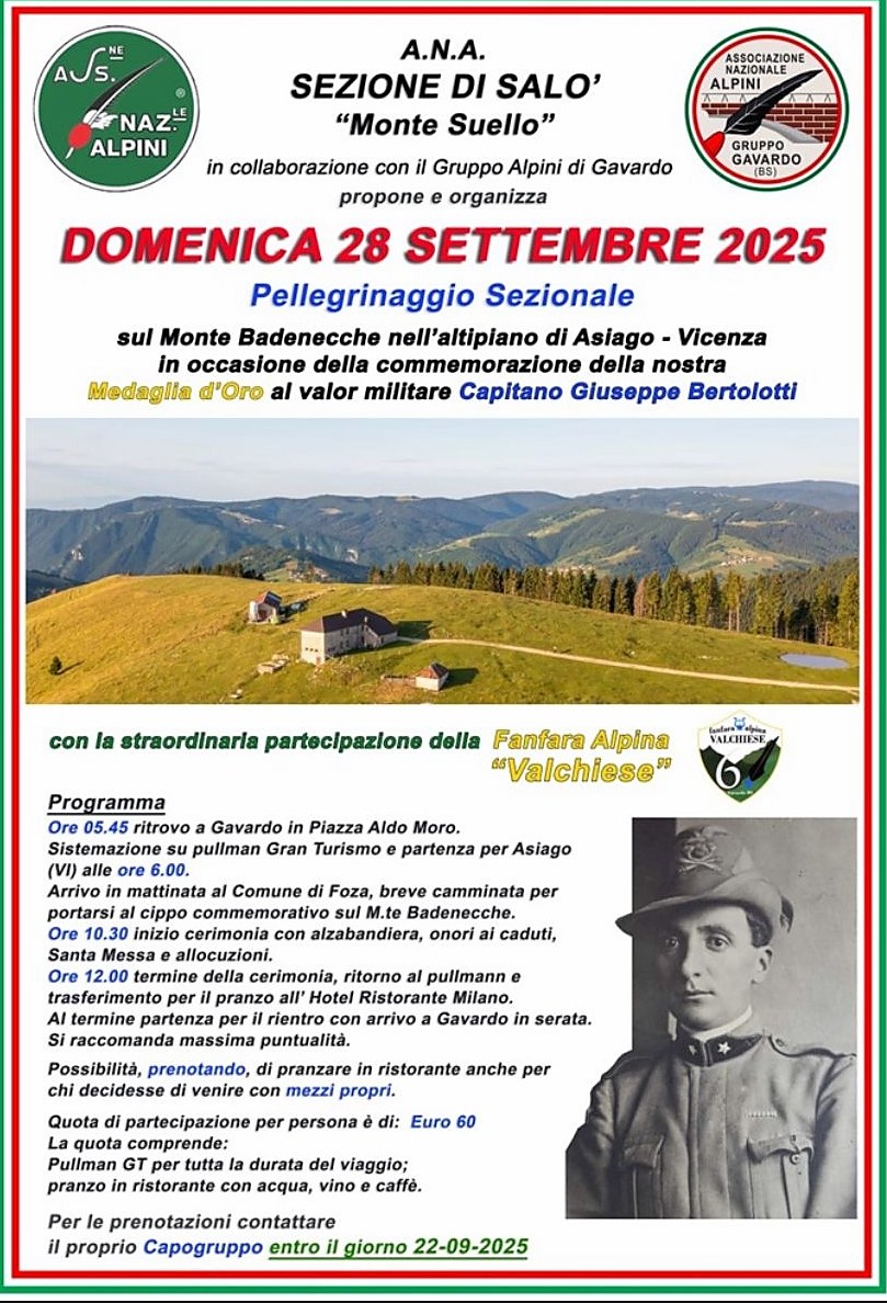 Locandina A.N.A. Sezione di Salò Monte Suello per il pellegrinaggio del 28 settembre 2025 sul Monte Badenecche